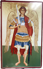RARE Vintage Byzantine Wood Icon Saint Michael Archangel - Heavenly Artifact picture
