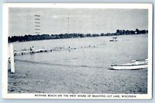 Lily Lake Wisconsin Postcard Bathing Beach West Shore Canoeing Boat 1940 Vintage picture