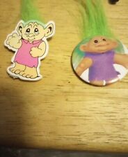 Two Vintage Trolls Buttons Pins 1991 And 1992 Green Hair picture