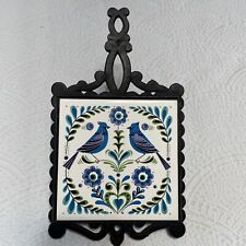 Vintage Lobeco 12.5” Cast Iron & Tile Trivet Blue White Jays Birds Japan picture