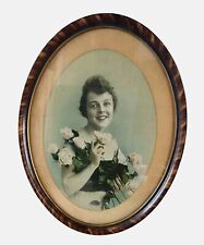 Vintage Antique Tiger Stripe Oval Wood Frame Woman w/Flowers Portrait Picture   picture