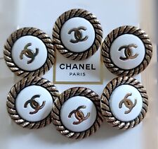 SET 6 Vintage 20 mm Chanel CC Stamped  Logo Black Gold Pearl Buttons 0,78 inch picture