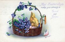 Easter Greetings & Wishes Postcard Baby Chick & Flowers picture