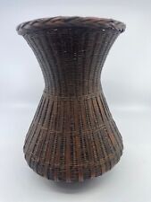 Vintage 9” primitive Hand Woven Natural Wicker Rattan Flower Vase Cottage Core picture