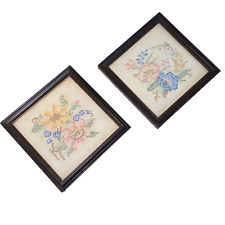 Vintage Multi Color Floral Cross Stitch Sampler Framed Wall Hangings Set of 2 picture