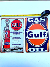 Gulf Oil Tin Sign Gulf Gasoline No-Nox Lube Motor Oil Logo Pump Man Cave Gas Art picture