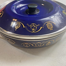 Mid-Century Siltal Italian Cookware Pan with Lid Enamel 2 handles Blue & Gold picture