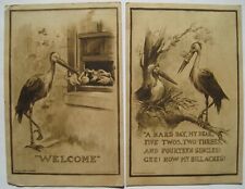 Stork Delivers Baby; Hard Day 2 Old ca. 1909 Humor Postcards by E. W. Gustin picture
