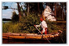 Hayward, WI Wisconsin, Shoving Off Indian Canoe Teepee, Vintage Postcard  picture