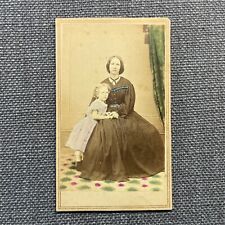 CDV Photo Antique Carte De Visite Portrait Woman and Little Girl Hand Tinted picture