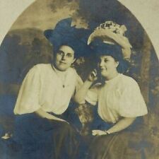 Two Woman Big Hat Sitting Dress Studio Vintage RPPC Photo Postcard picture