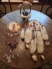 Vintage Native American Mandala Dream Catchers And Basket Fur Beaded 3 Piece Set picture