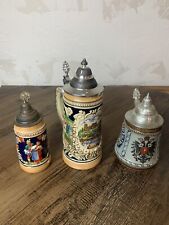HANDGEMALT Vintage Pewter Lidded Germany Porcelain Beer Set Of 3 picture