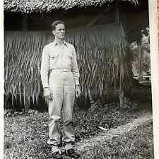 TALL HANDSOME ARMY MAN by STRAW HOUSE HUT 1940's photo Military GAY INT picture