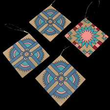 NEW Lot x 4 Southwestern Painted Wooden Balsa Christmas Tree Ornaments 4 x 4 NEW picture
