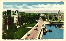 Empress Hotel and Parliament Buildings Victoria BC White Border Postcard 1920s picture