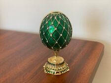 Hand Painted Enameled Green Faberge Egg Style Decorative Hinged Jewelry Trinket picture