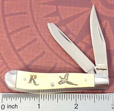 Remington Knife Two Blade Mini Trapper Smooth White Bone Scrimshaw Pheasant Pic picture