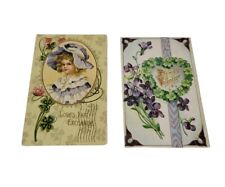 Antique Valentines Day Postcard Set Of 2 Violets Girl Bonnet Dated 1909 1913 picture