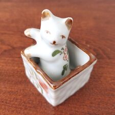 Vintage Ceramic Cat in Basket Figurine with Flowers made in Thailand 1 7/8 inch picture