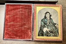 1/4 AMBROTYPE SAD LADY AMAZING TINTED DRESS HOLDING PHOTO PIP MOURNING? 1800s picture