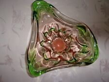 Vtg 60's Stylized Murano Heavy Art Glass Pink & Green Amoeba Shape Bowl Dish 12