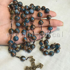 LARGE XL 10MM Football STONE beads 5 DECADE Rosary GIFT Vintage  Cross Necklace picture
