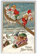 1907 New Year Elves Gnomes Escaped Coins Crescent Moon Stars Embossed Postcard picture