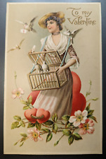 Antique 1912 To My Valentine Postcard Lovely Lady w/Birdcage Doves Hearts picture