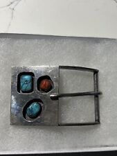 Southwestern Native American Navajo Turquoise Coral Sterling Silver Belt Buckle picture