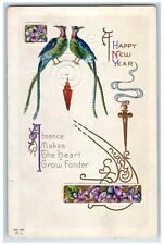 c1910's Happy New Year Peacock Flowers Embossed Posted Antique Postcard picture