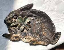 ANTIQUE BRADLEY HUBBARD CAST IRON TRINKET TRAY- RABBIT WITH 4 LEAF CLOVER- #1835 picture