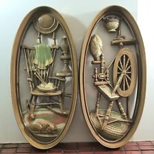 Vintage 1965 Pair of Oval 3D Cottage Wall Art Burwood Products Co Cat Knitting  picture