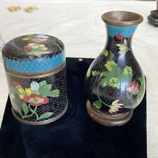 ANTIQUE 1910 CLOISONNE Ginger JAR And Vase GREEN Floral picture