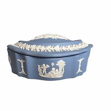 Vintage Wedgwood Jasperware Blue White Cherubs Oval Trinket Box Ceramic England picture