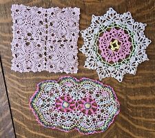 Vintage  3 Piece 1950's Sparkly Crochet Doilies Pink Green Oatmeal Gold picture