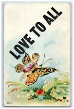 1910 Little Girl Riding Butterfly Love To All Marshall Missouri MO Postcard picture