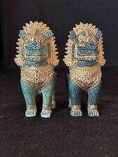 Vintage Pair Khymer Singha Bronze Temple Lion Foo Lion Sculpture Figures 5