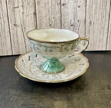 ENESCO vintage 1960’s Lusterware Footed Cup Reticulated Saucer Light Green picture