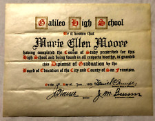 Vintage 1928 Galileo High School Diploma - San Francisco CA picture