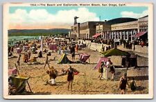 San Diego California~Mission Beach~Beach & Esplanade~Life Guard~1920s Postcard picture