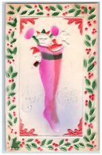 Christmas Postcard Stocking Full Of Toys Holly Berries Airbrushed Embossed c1910 picture