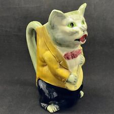 Tabby Cat French Majolica Large Pitcher Pottery Playing Mandolin Anthropomorphic picture