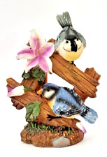 Blue Birds On A Fence with Purple Lilies & Faux Stone Figurine Resin 1990s picture