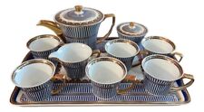Vintage Porcelain Tea Set of 6 w/ Tray Teapot Creamer Sugar Bowl in Royal Blue picture