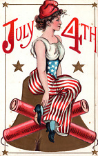 4th Of July Patriotic Postcard Lady Liberty Bell Firecracker Vintage Americana picture