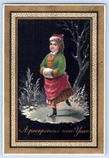1880-90's VICTORIAN PROSPEROUS NEW YEARS GREETING CARD ICE SKATING GIRL picture
