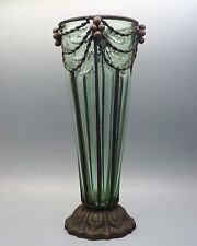 Antique 19th Century Art Nouveau Swag Vase with Metal Caged Green Blown Glass picture