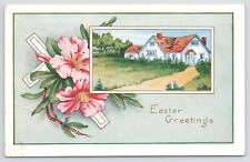 Easter~White-Gold Cross Under Pink Lilies~Inset Home~Emboss~Whitney Made~Vtg PC picture