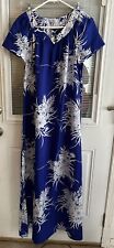 Hilo Hattie Dress Hawaii Blue White Floral Long Maxi Sht Sleeve Vntg Worn 1 Sz S picture